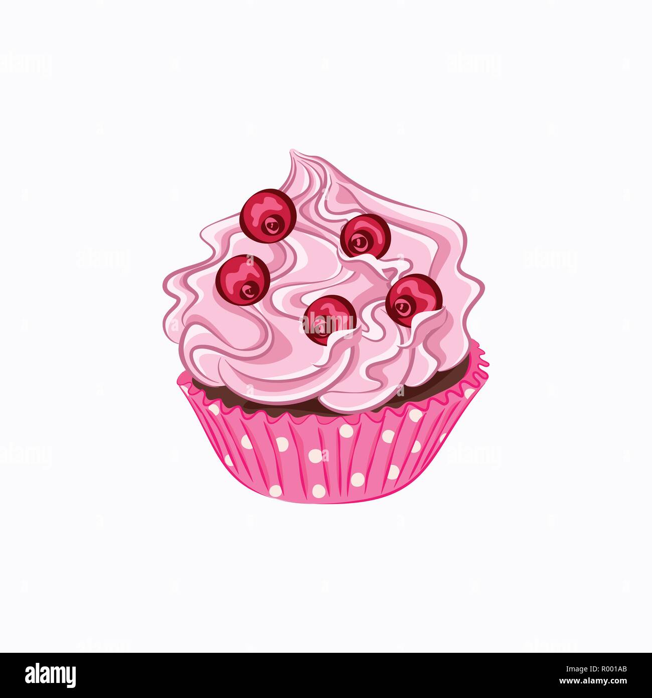 Cartoon Stil Cupcake mit rosa Schlagsahne und roten Beeren in den Papierhalter vektor Symbol auf dem weißen Hintergrund Stock Vektor