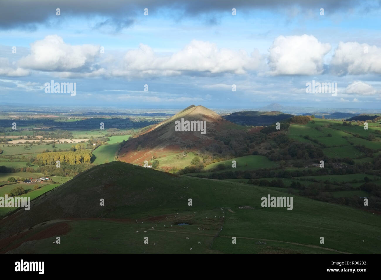 Caer Caradoc und die Lawley, Church Stretton, Shropshire, Großbritannien. Blick nach Norden von der unteren Hängen von Caer Caradoc. Die finte fernen Gipfel ist die Wrekin Stockfoto