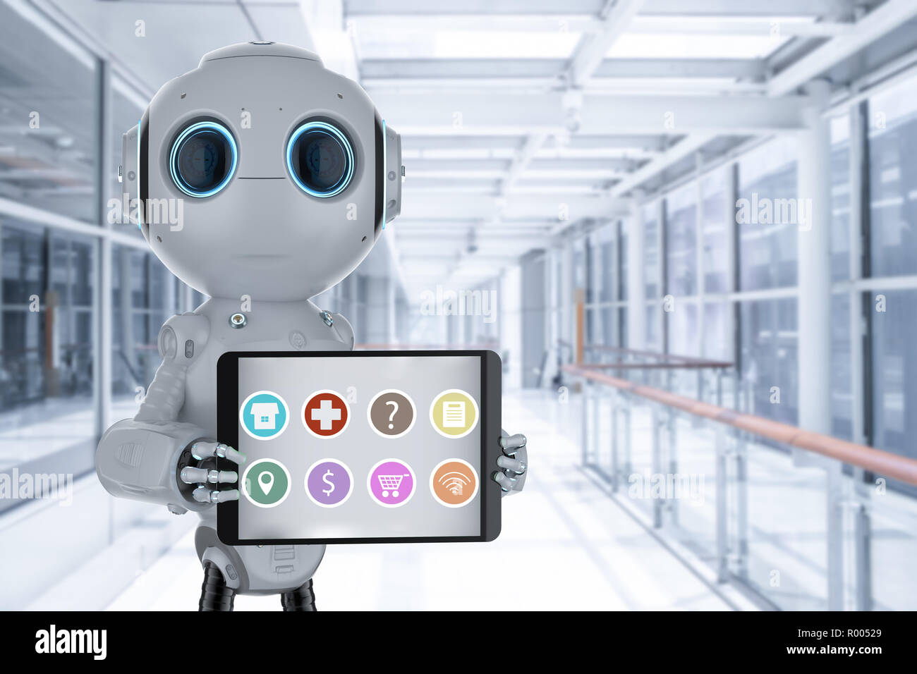 3D-Rendering assistant Roboter mit digitalen tablet Symbole anzeigen Stockfoto