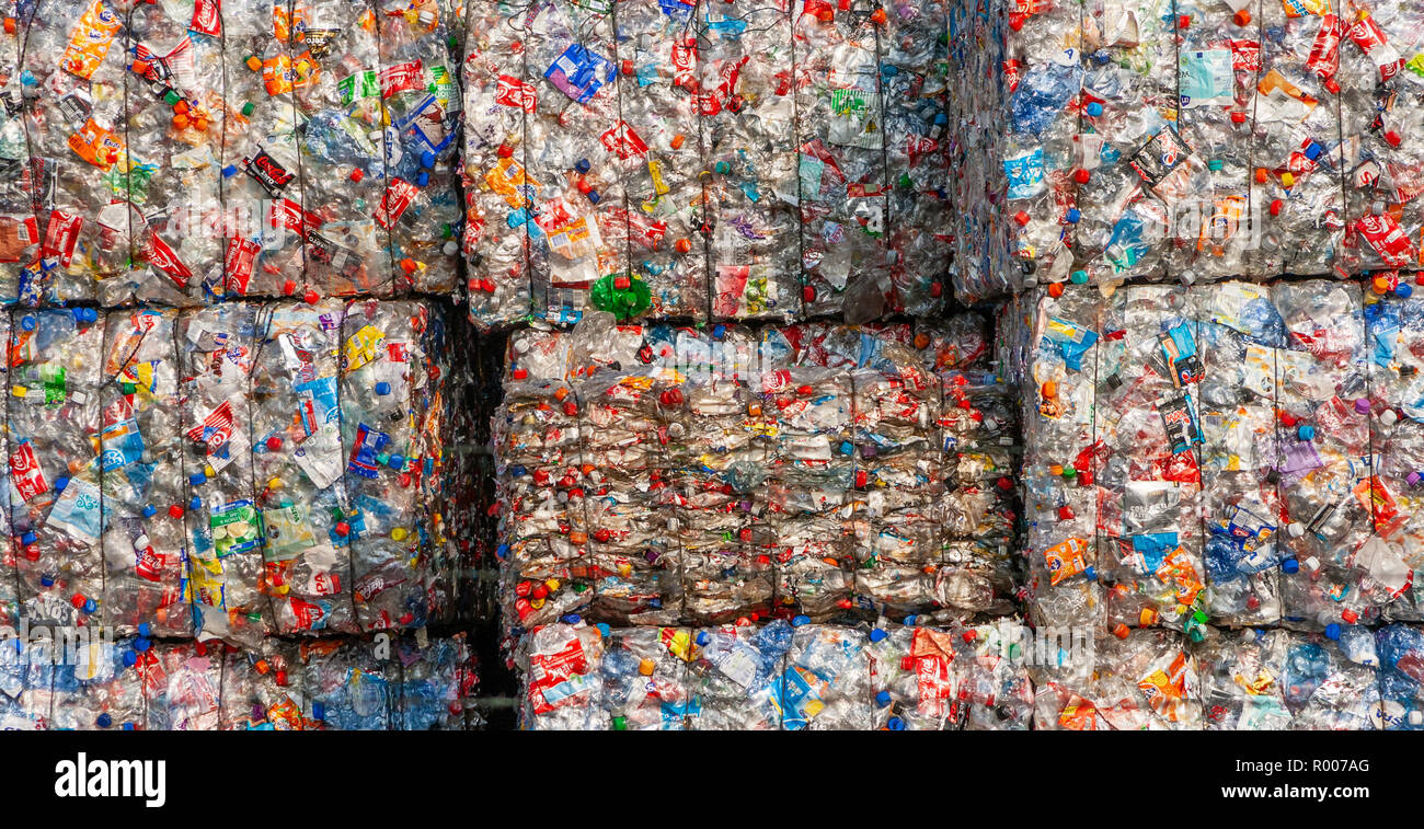 Arnheim, Niederlande - Mar 15, 2011: Gedrückt recycelten Plastikflaschen in Ballen an einem stillen Recycling-Verfahren zugeführt werden. Stockfoto