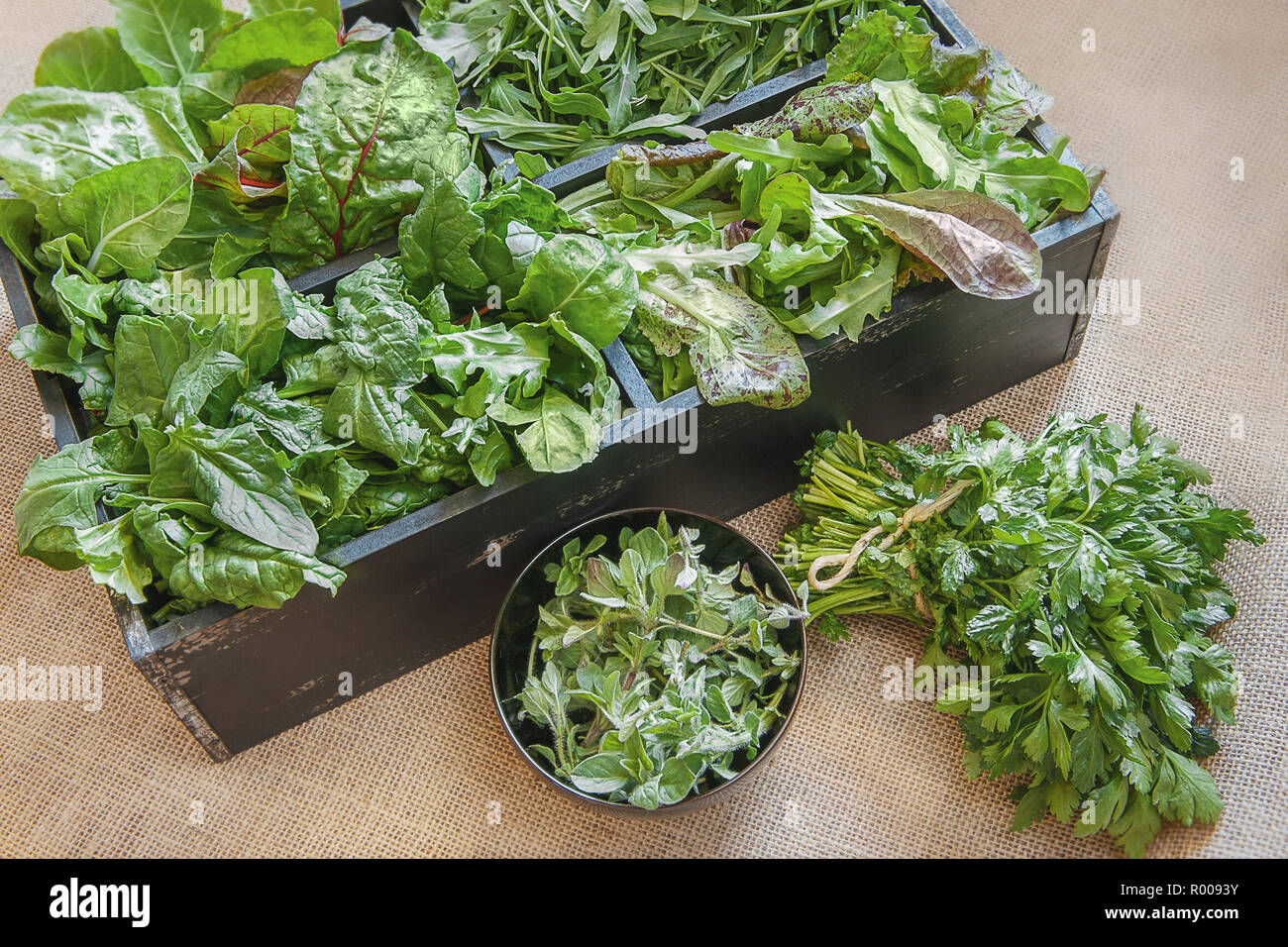 Eine Holzkiste mit vier Arten von gemischter Salat mit Oregano und Petersilie in den Vordergrund gefüllt. Stockfoto