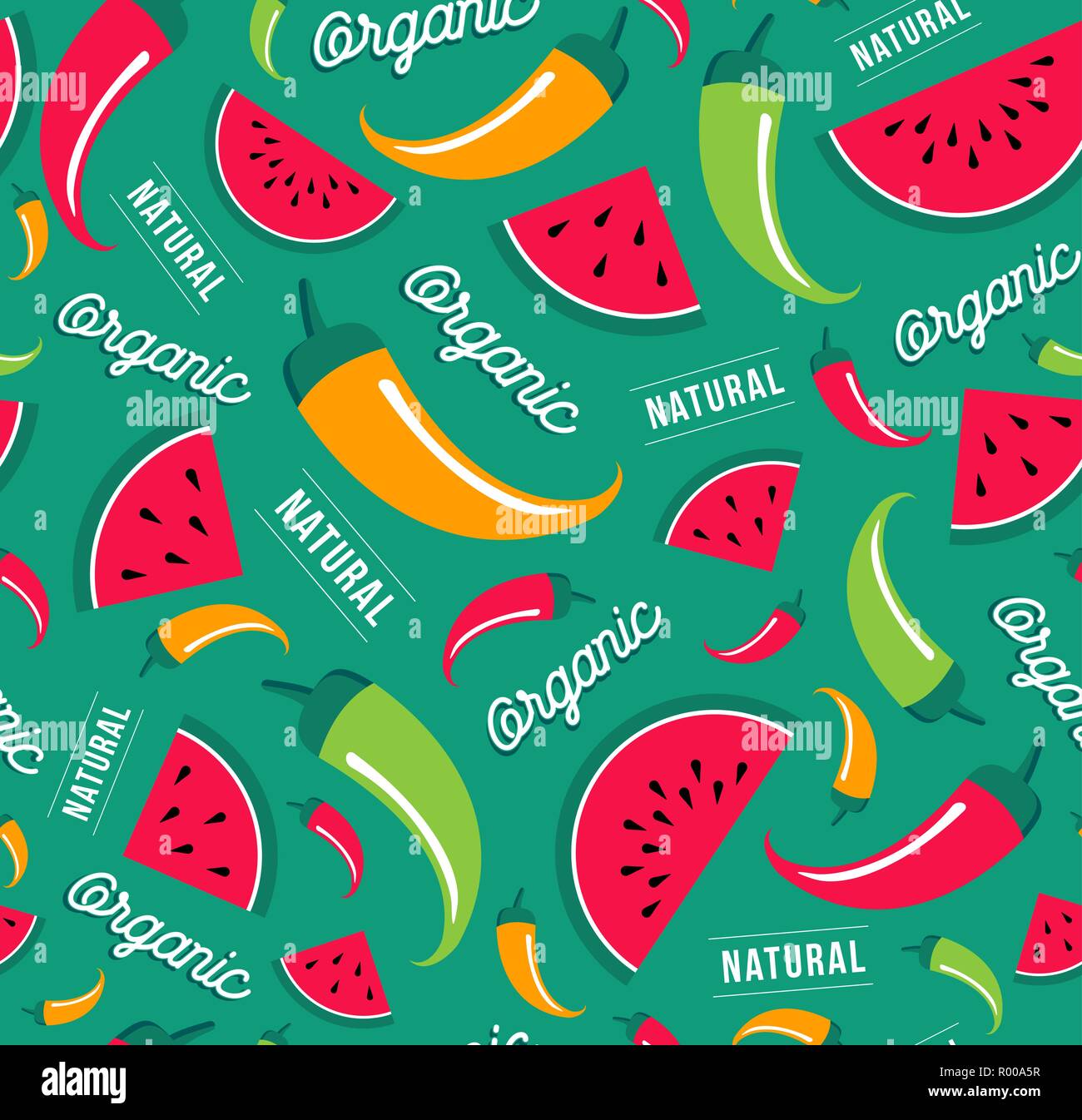 Organische natürliche Nahrung nahtlose Muster für Ernährung mit gesunden Ernährung mit bunten Flachbild Symbole. Wassermelone und Pfeffer Sommer raw Green Lifestyle hinterg Stock Vektor