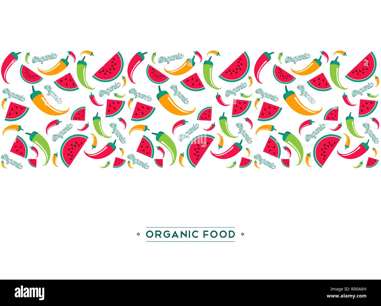 Organic Food Menü Design Illustration für gesunde Ernährung mit bunten Hand gezeichnet doodles Cartoon Muster der Sommer Wassermelone Frucht und Pfeffer vegetarisches Stock Vektor