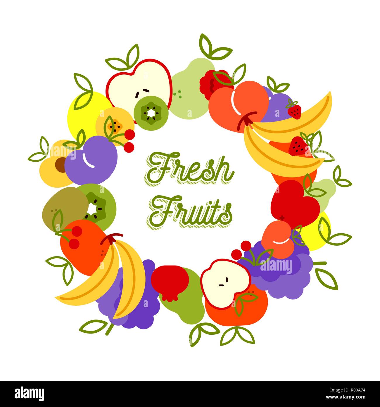 Frisches Obst kreative Illustration Menü Hintergrund für Ernährung und gesunde Ernährung mit bunten Outline style Icons. Mit Apfel, Banane, Pfirsich Stock Vektor