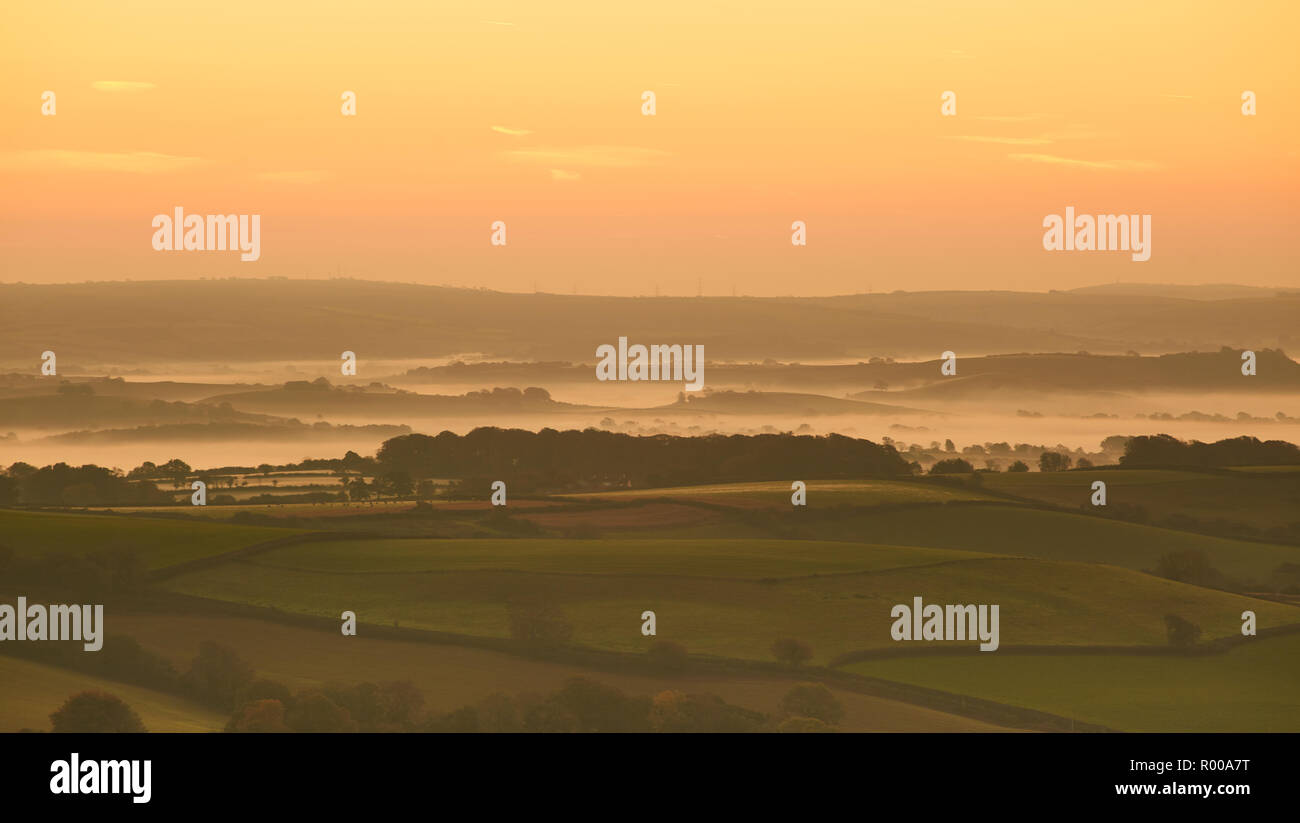 Schauen Sie von oben nach unten von pilsdon Pen Hill in Dorset an landwirtschaftliche Flächen, grüne Felder und Nebel bei Sonnenaufgang Stockfoto