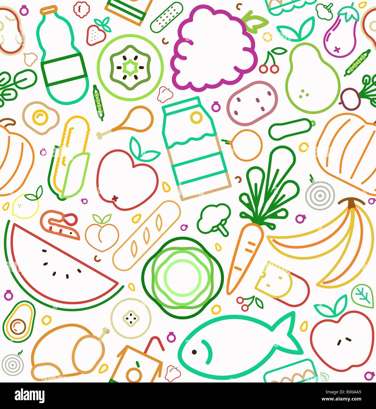 Essen icon nahtlose Muster mit bunten Linienstil Symbole. Gesunde Ernährung oder ausgewogene Ernährung Konzept Hintergrund. Enthält Obst, Gemüse, Fleisch Stock Vektor