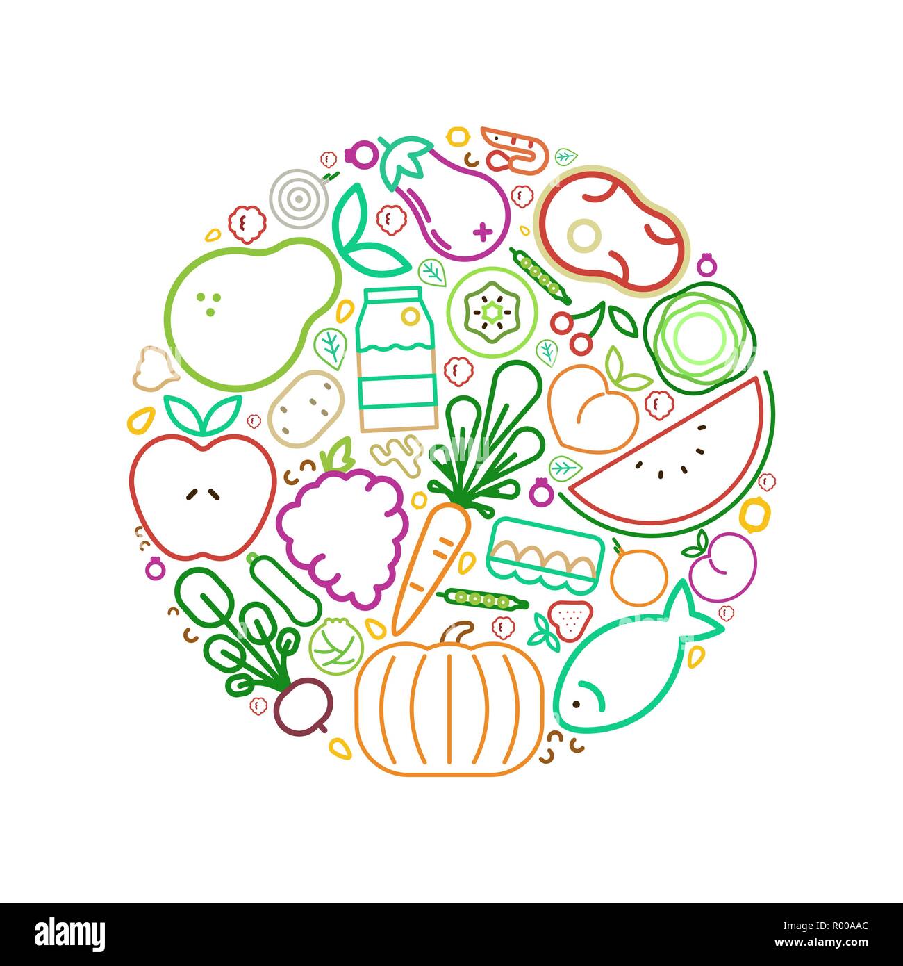 Essen Symbole Kreis Illustration für gesunde Ernährung oder ausgewogene Ernährung Konzept. Enthält Obst, Gemüse, Fleisch und Milchprodukte. Stock Vektor