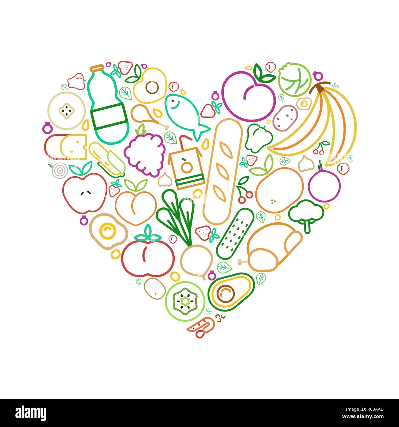 Herzform mit gesunder Ernährung essen Symbole Konzept für eine ausgewogene Ernährung. Enthält Obst, Gemüse, Fleisch, Brot und Milchprodukte. Stock Vektor