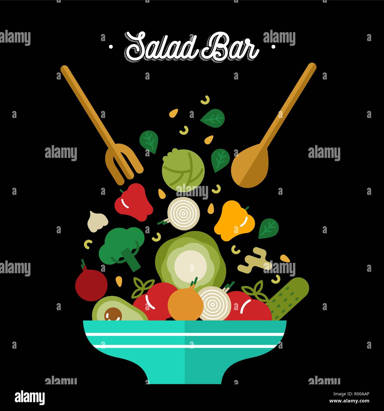 Salatbar Illustration für gesunde Ernährung oder vegetarische Ernährung Konzept. Pflanzliche Nahrung Mix in bunten Flat Style. Stock Vektor