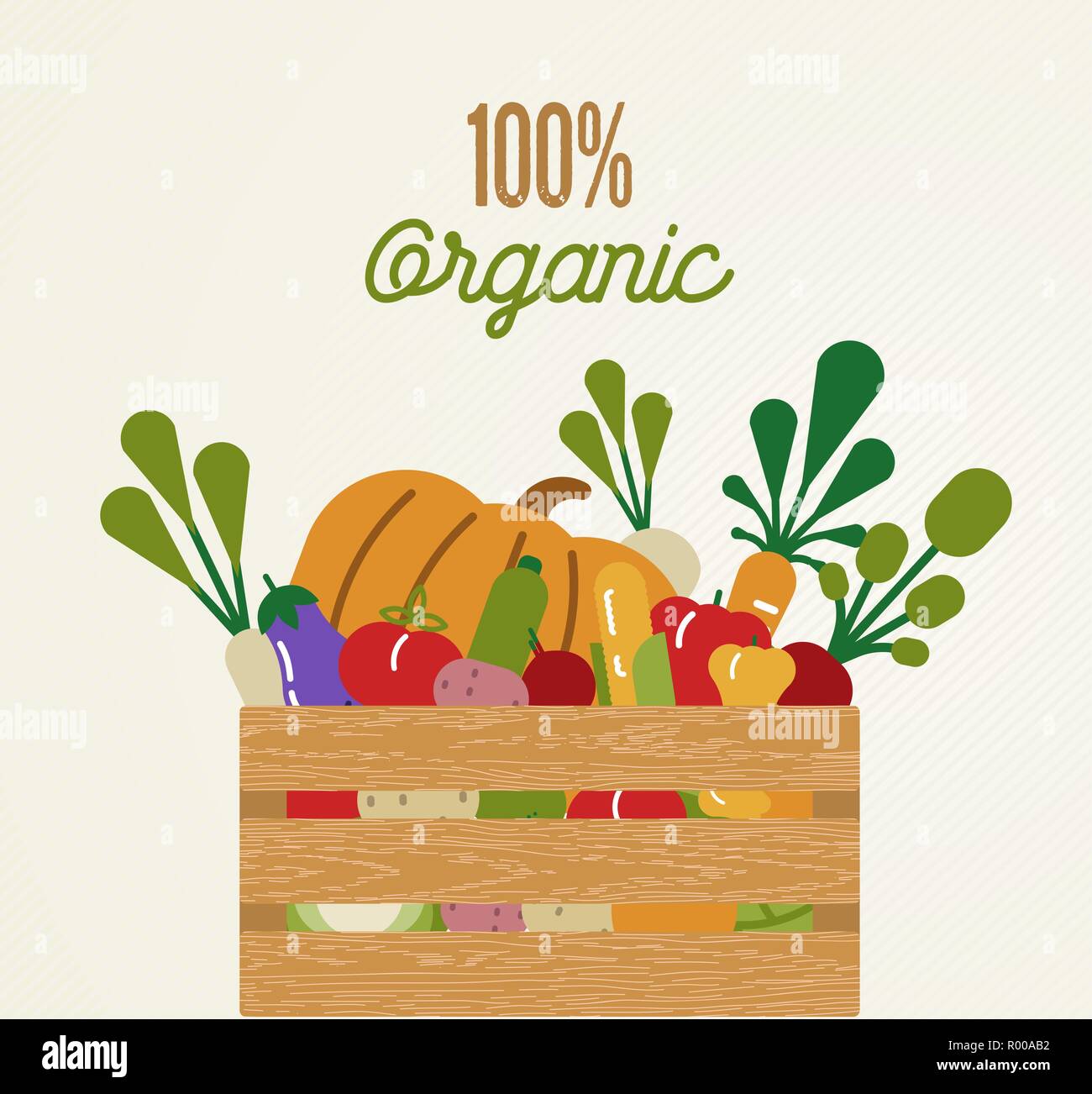 Organic Food Konzept Abbildung für gesunde Ernährung mit bunten Flachbild cartoon Gemüse in Holzkisten. Stock Vektor