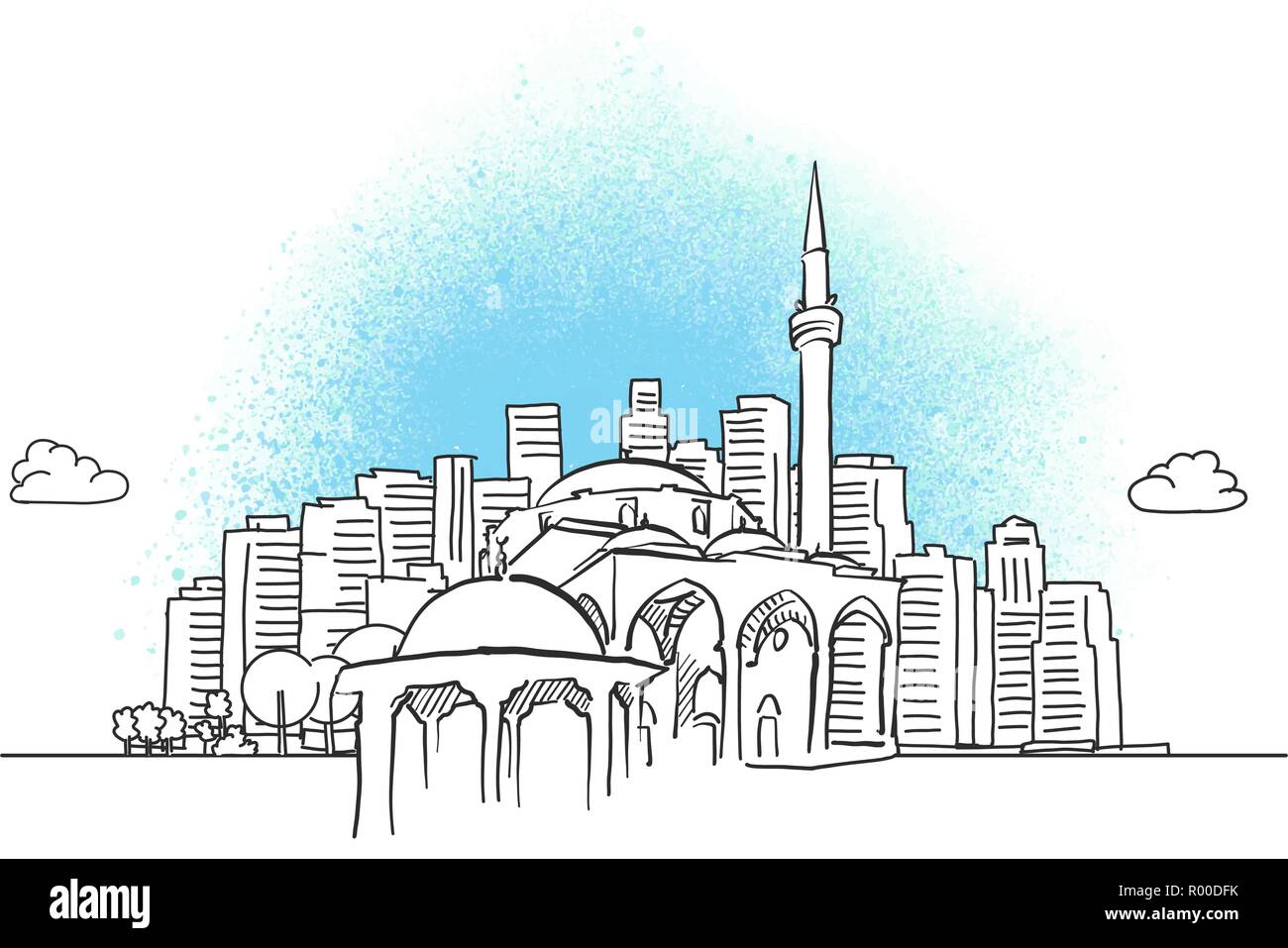 Die Skyline der Stadt mit historischen Moschee. Hand Vector Illustration gezeichnet. Stock Vektor