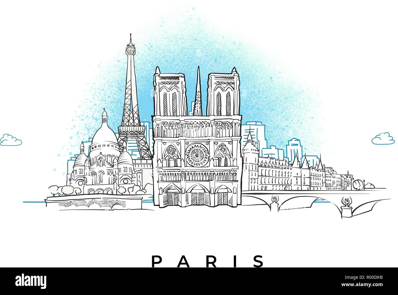 Skyline von Paris, Frankreich. Hand Vector Illustration gezeichnet. Stock Vektor