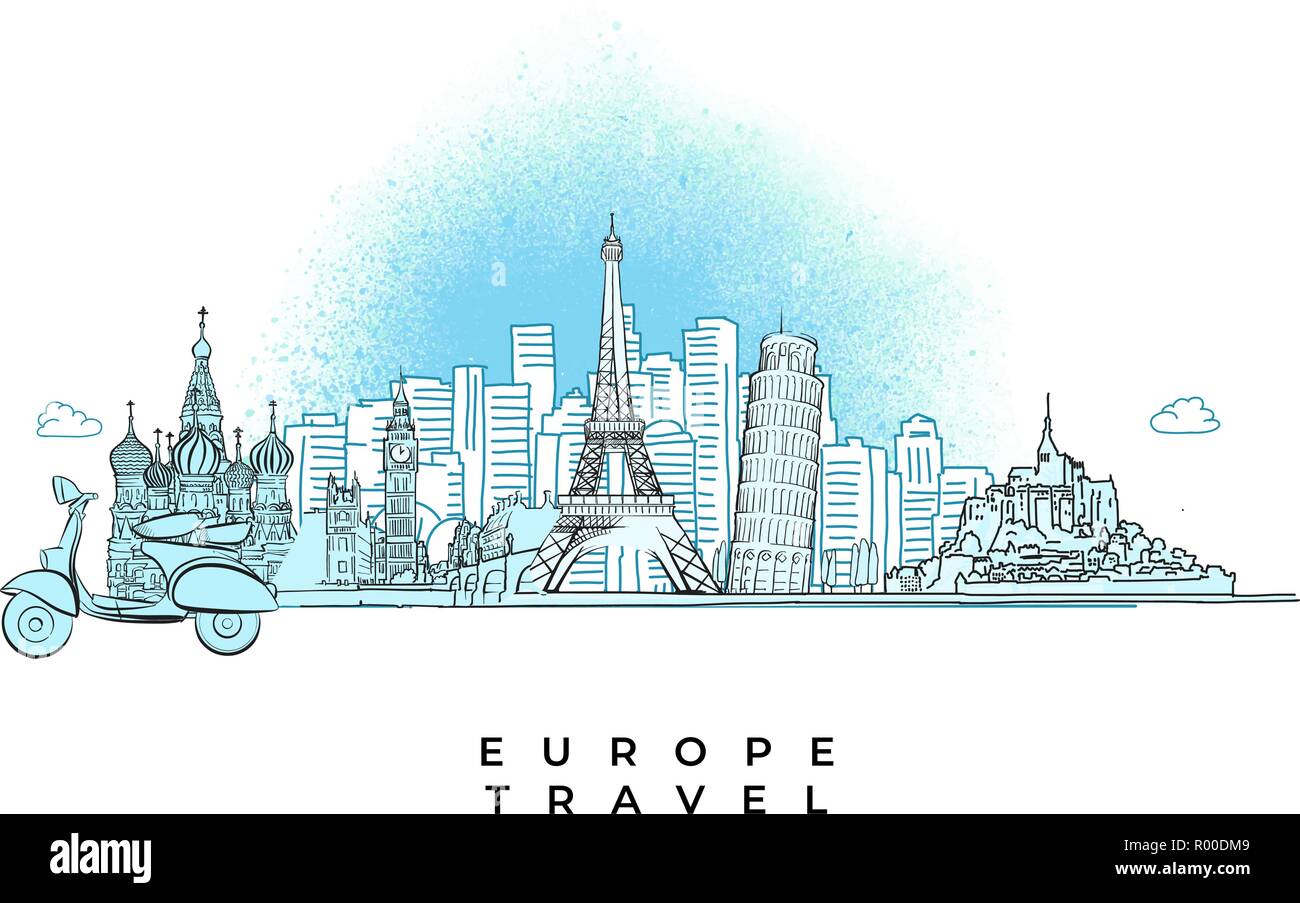 Europa Travel Concept die Skyline der Stadt. Hand Vector Illustration gezeichnet. Stock Vektor