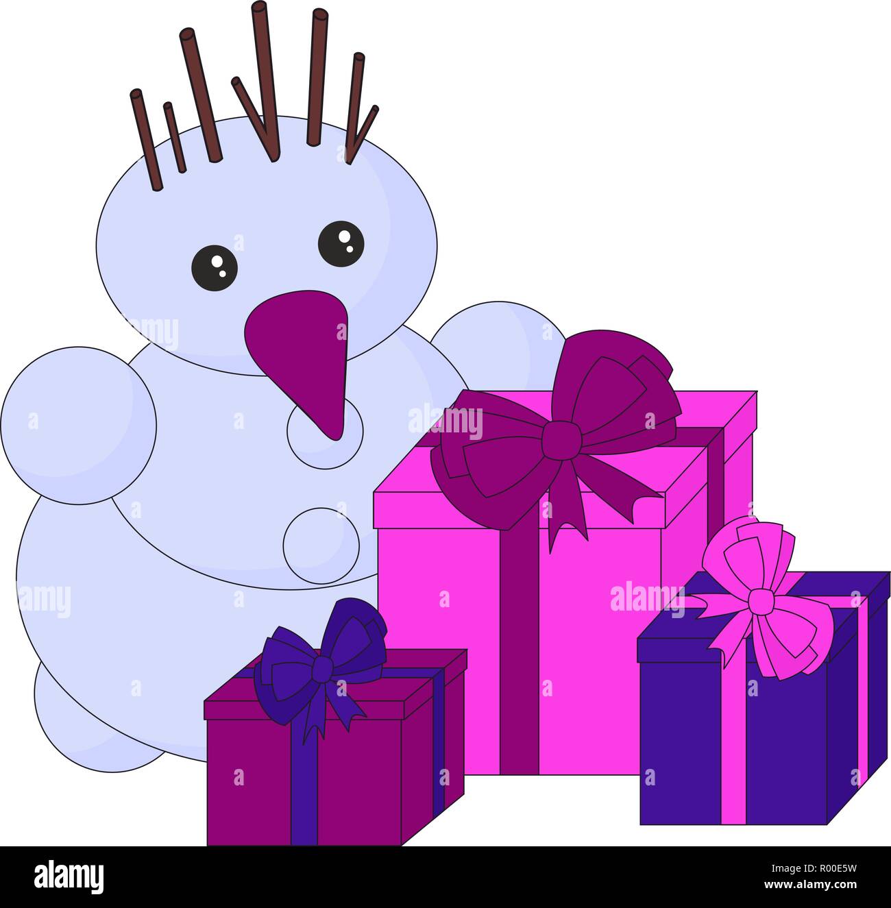 Schneemann und Geschenke auf weißem Hintergrund. Weihnachtsfeiertag. Winterurlaub cartoon nette Karte, Frohe Weihnachten Karte. Stock Vektor