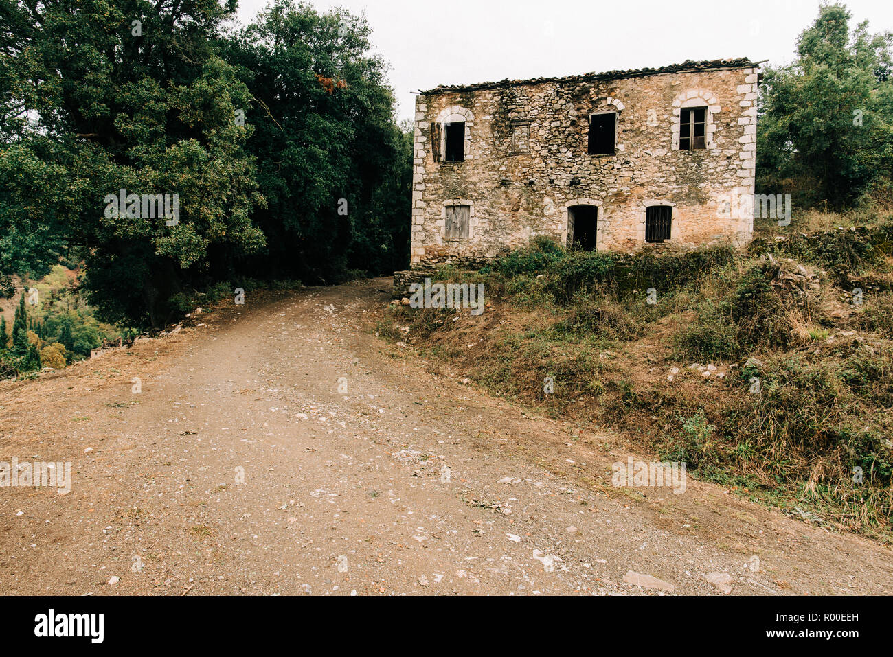 Alte Häuser und trübe wald landschaft Stockfoto