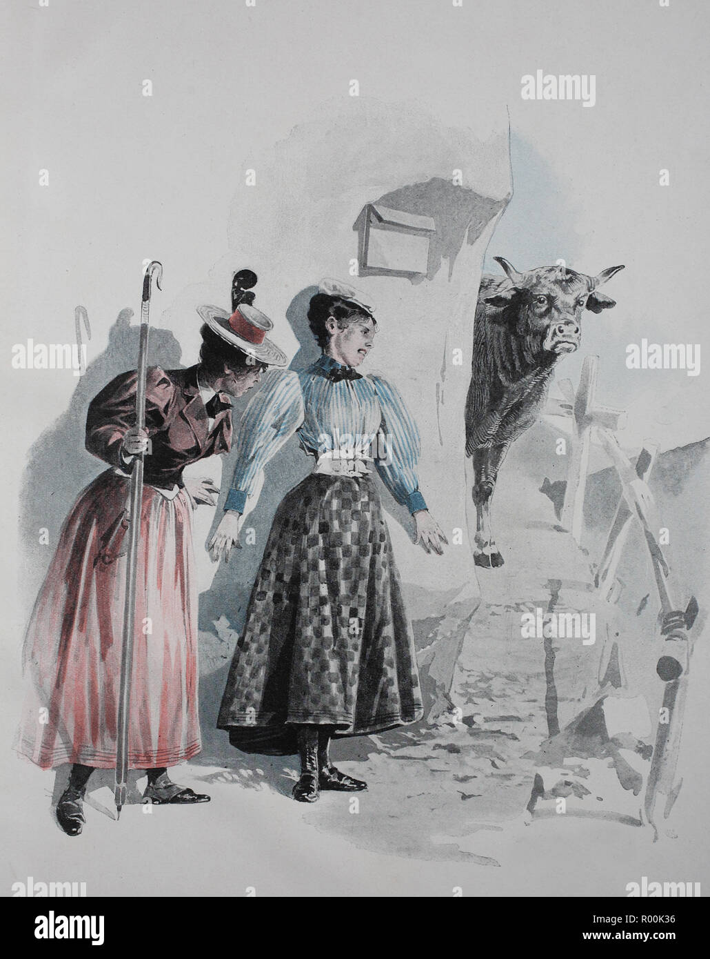 Digital verbesserte Reproduktion, zwei Wanderer nicht mithalten kann, weil eine Kuh die Möglichkeit, Blöcke, Österreich, original Drucken aus dem Jahr 1899 Stockfoto
