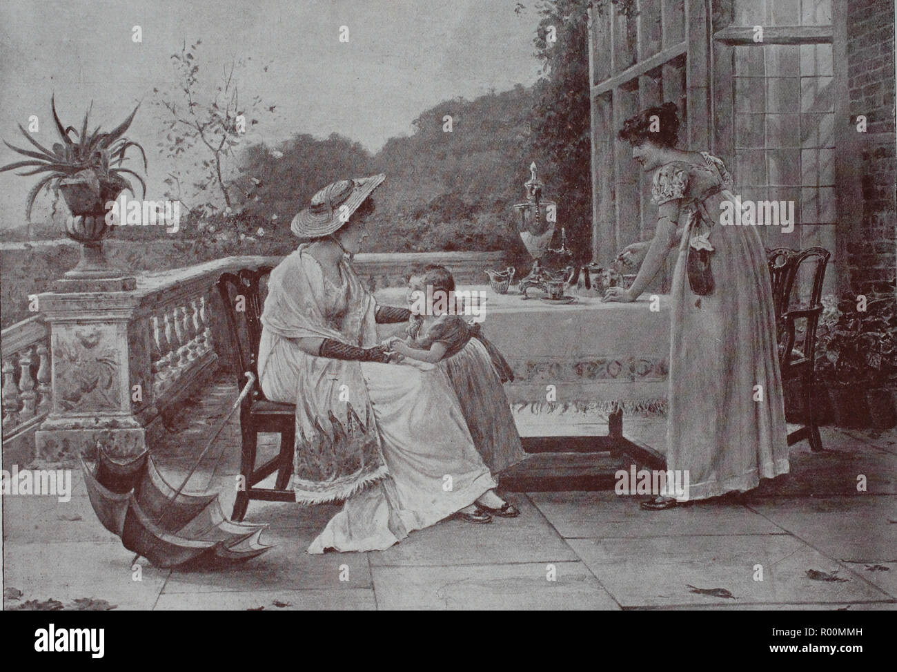 Digital verbesserte Reproduktion, auf der Terrasse, zwei Frauen und ein kleines Mädchen, der Couchtisch, original Drucken aus dem Jahr 1899 Cover Stockfoto