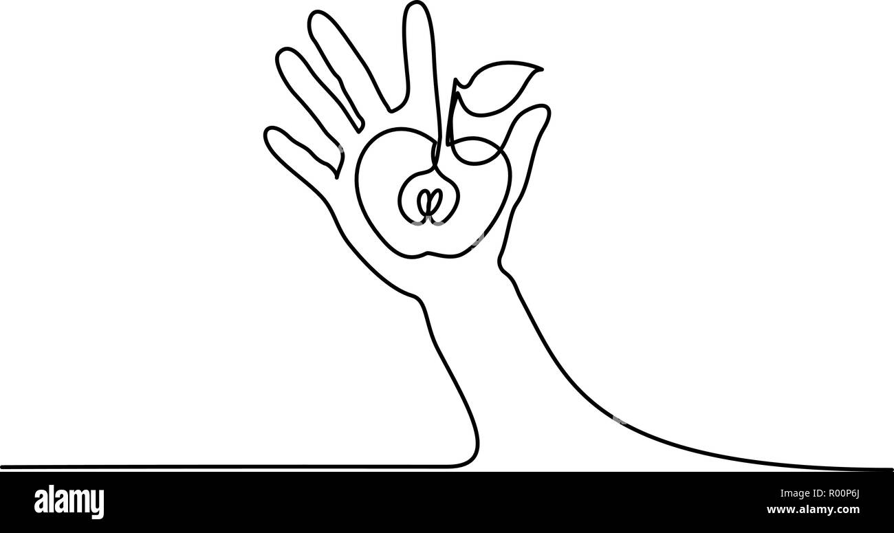 Kontinuierliche eine Linie zeichnen. Abstrakte hand mit Apple. Vector Illustration Stock Vektor