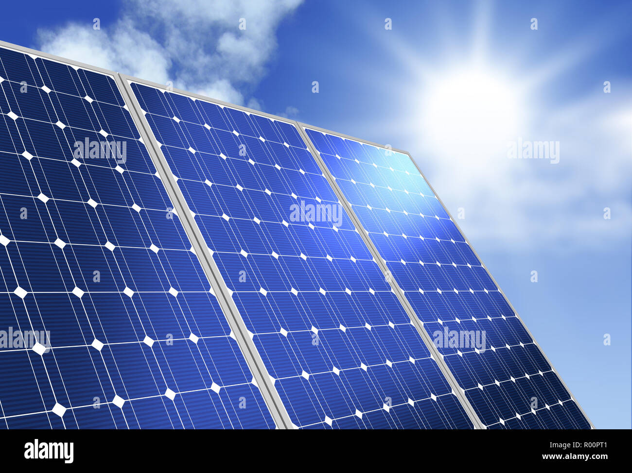 Solar Panel Konzept 3d-Abbildung auf Himmel Hintergrund Stockfoto