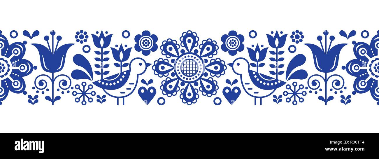 Skandinavische nahtlose Vektor Muster mit Blumen und Vögeln, Nordic Folk Art sich wiederholende navy blue Ornament Stock Vektor