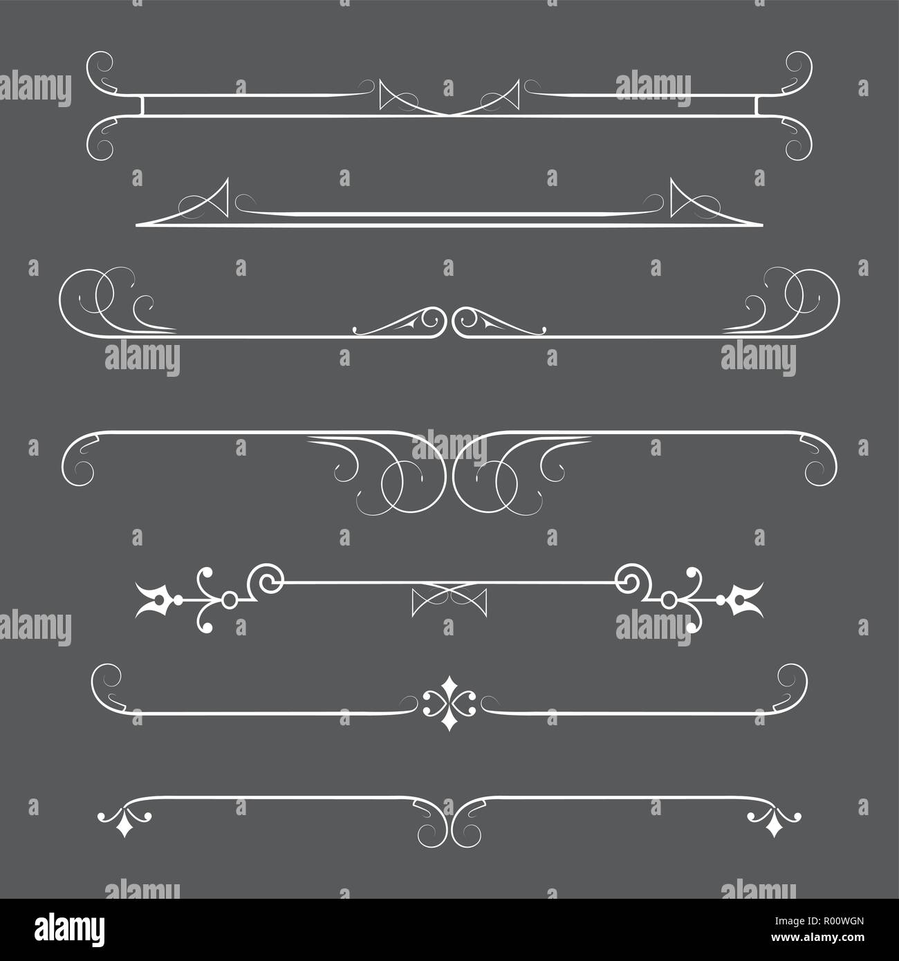 Satz von Kalligrafischen Designelemente und Seite Einrichtung, Teiler auf dunklem Hintergrund isoliert, Vector Illustration. Stock Vektor