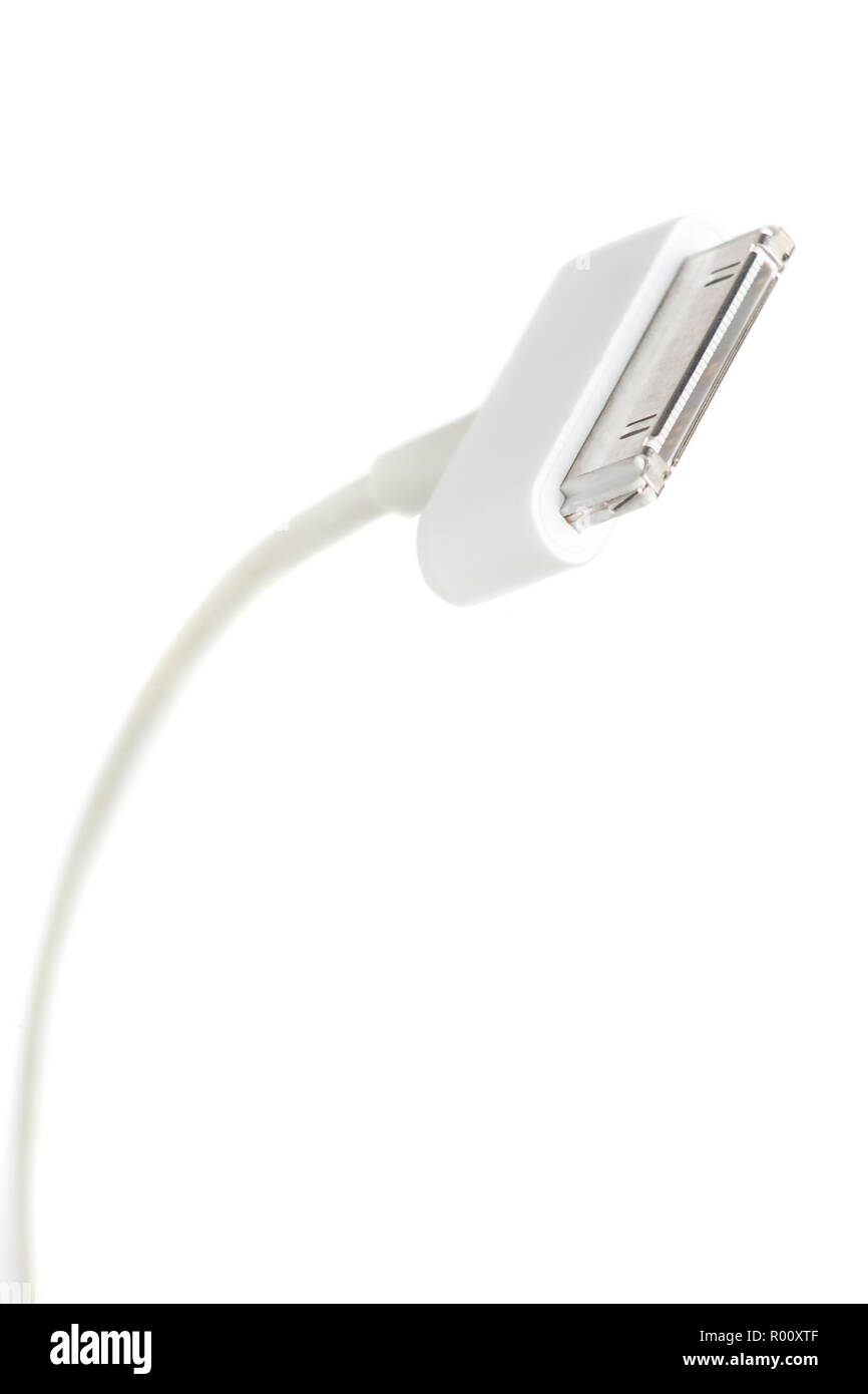 Detail der Kopf eines 30-pin Weiß usb-kabel Stockfoto