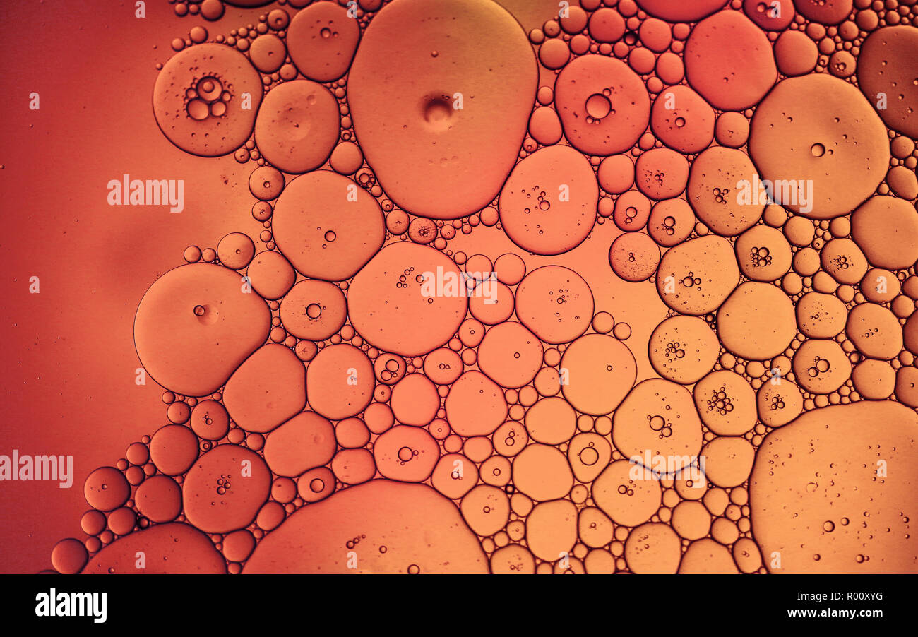 Makro Foto von einem Öl Tropfen auf die Wasseroberfläche schaut, wie Gewebe unter dem Mikroskop. Stockfoto