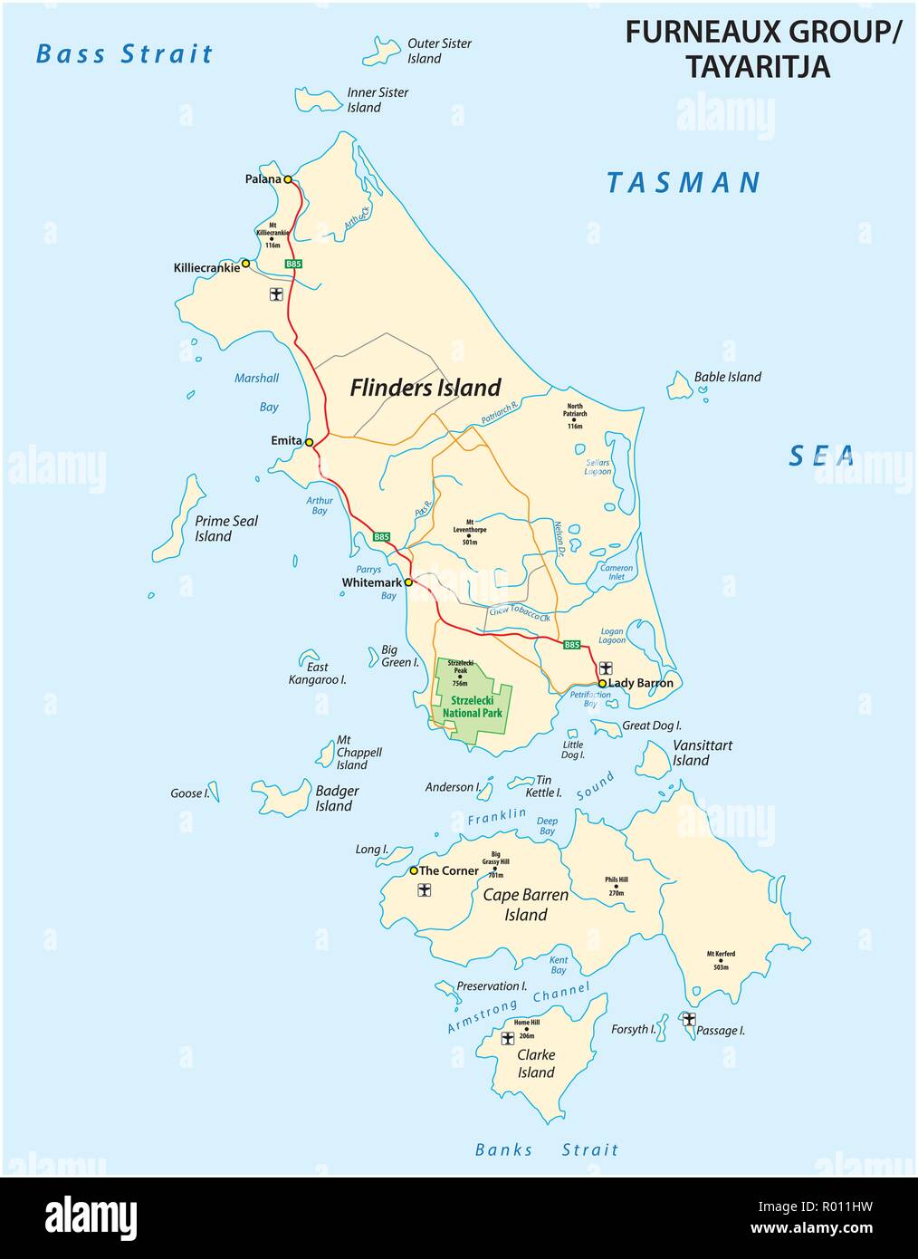 Karte von Furneaux Gruppe, Flinders Island, Tasmanien, Australien. Stock Vektor