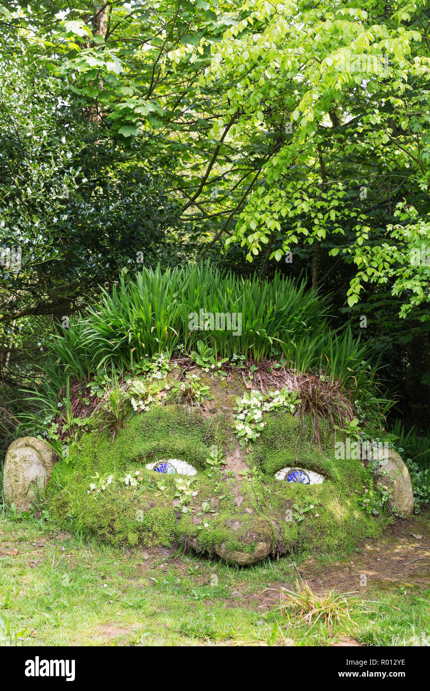 Der riesige Kopf Pflanzen und Felsen Bildhauerei an der Verlorenen Gärten von Heligan, Cornwall, England. Stockfoto