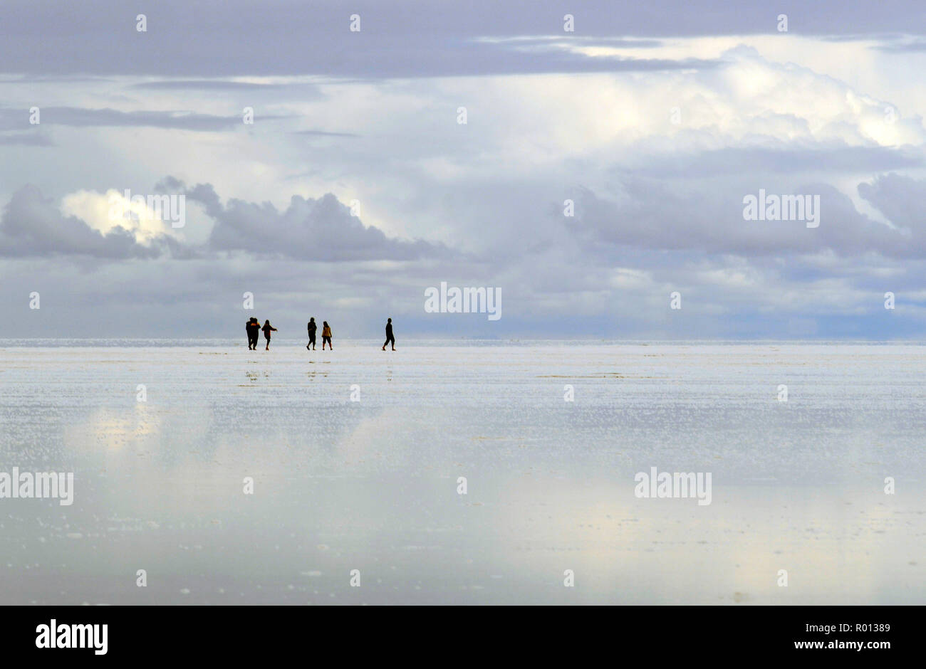 25. Februar 2010 - Salar de Uyuni, Bolivien: Touristen wandern auf dem flachen Horizont des Salar de Uyuni Salz Felder. Einige Teile des Salar werden mit 5 bis 30 Zentimeter Wasser während der Regenzeit überflutet, drehen die gesamte Salz Felder in einen riesigen Spiegel. Voyageurs dans le Salar de Uyuni, un-Wüste de Sel d'un Blanc eclatant de Bolivie. Quand le Salar est recouvert d'eau, Il se transforme en un immense Miroir refletant Le ciel de maniere quasiment parfaite. *** Frankreich/KEINE VERKÄUFE IN DEN FRANZÖSISCHEN MEDIEN *** Stockfoto