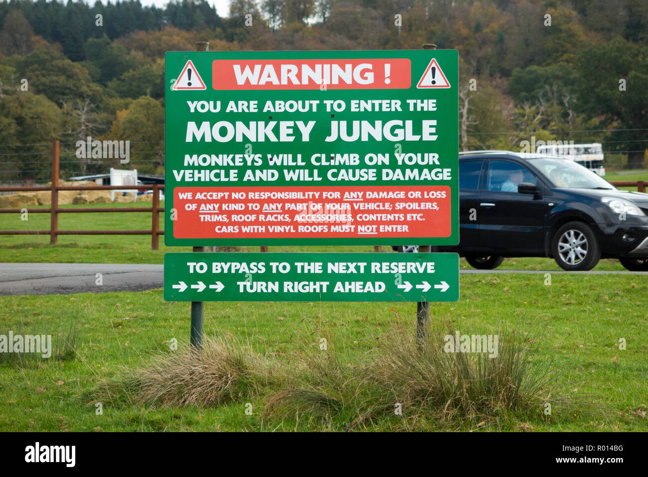 Komplett mit Warnzeichen für PKW-Fahrer und Fahrzeughalter, der Eingang der Monkey Jungle Reserve, Teil von Longleat Safari Park Trail. Großbritannien (103) Stockfoto