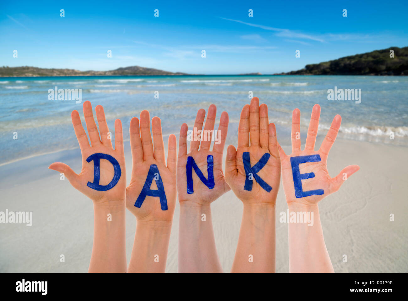 Viele Hände bauen Danke, Danke, Strand und Meer Stockfotografie - Alamy