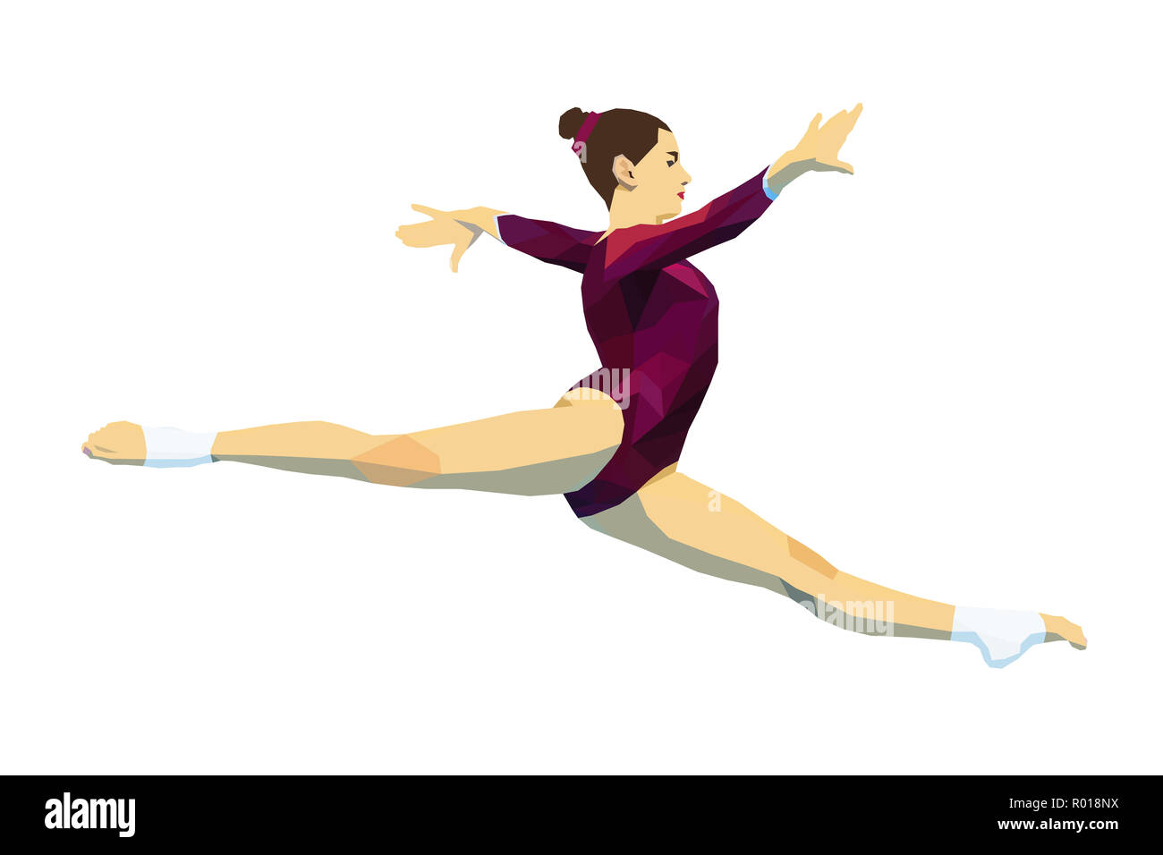 Split springen Frau Turnerin in der künstlerischen Gymnastik. polygonalen Abbildung Stockfoto