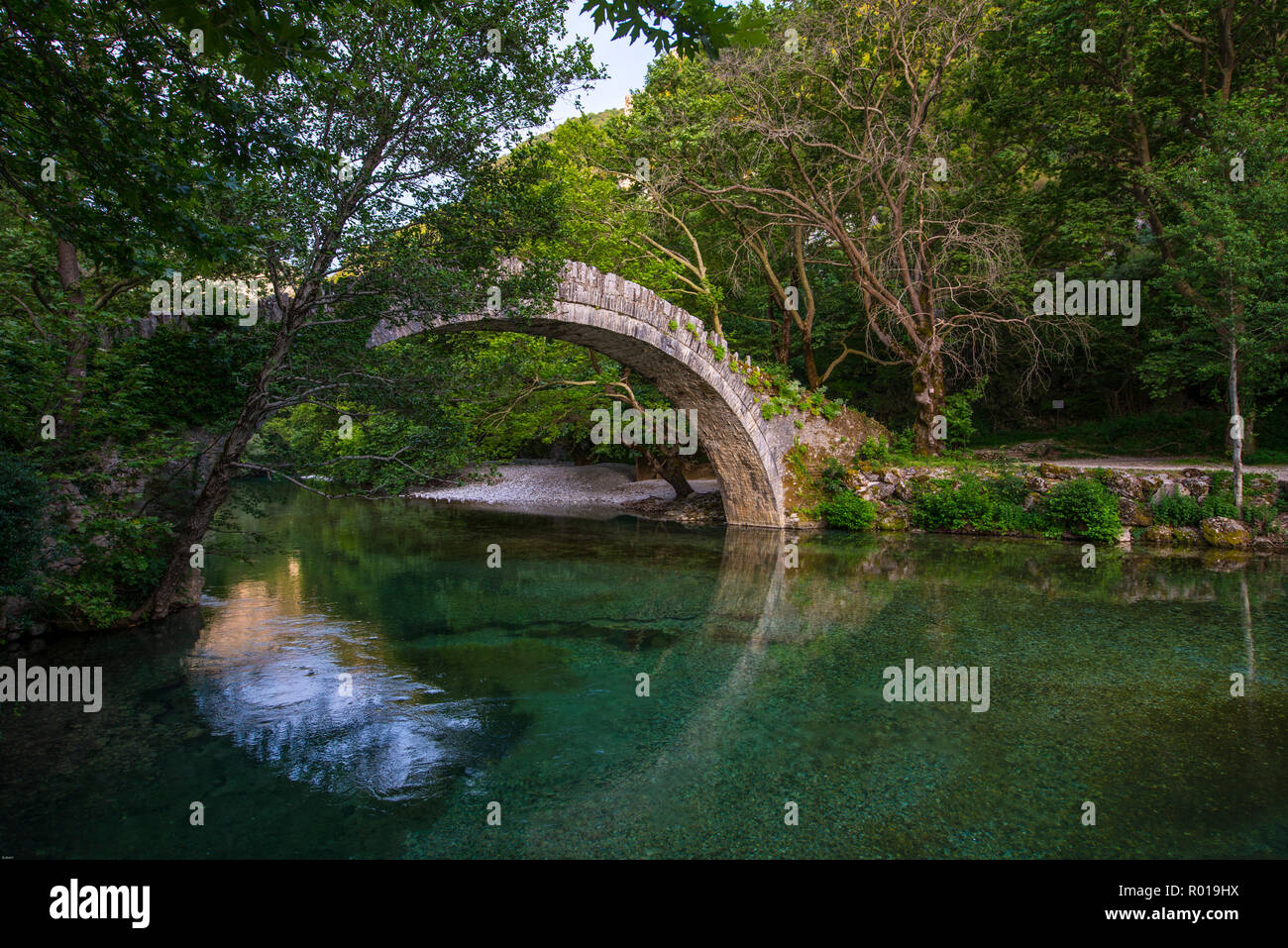 Griechenland, VIKOS - AOOS. Historische Steinbrücke in der Vkos-Aoos Nationalpark, einem UNESCO Global geo Park, Stockfoto