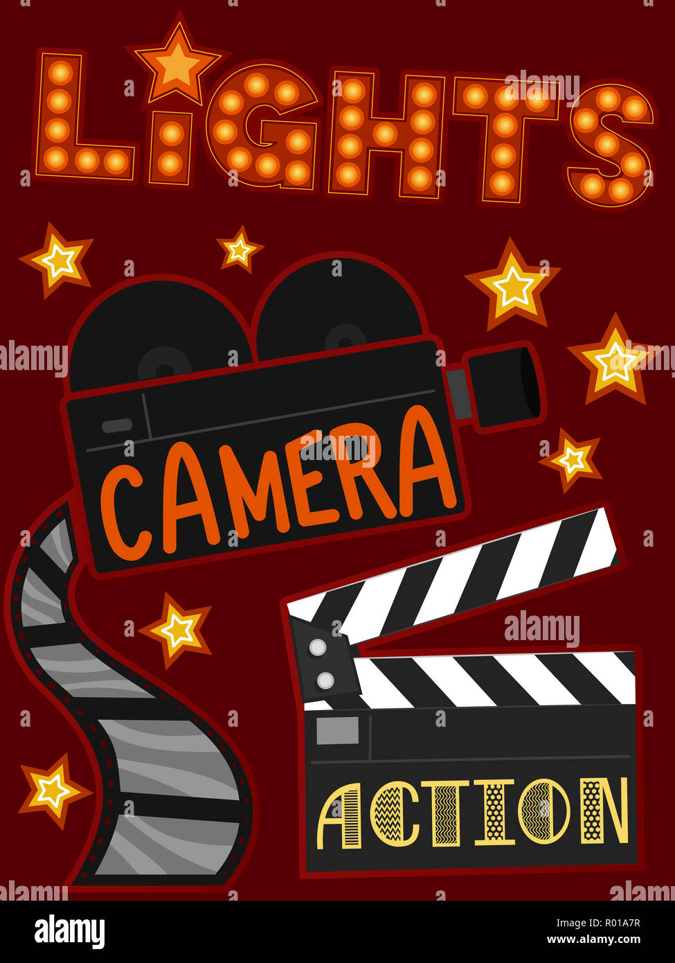 Abbildung: Unterhaltung Elemente darzustellen, Licht, Kamera und Action Stockfoto