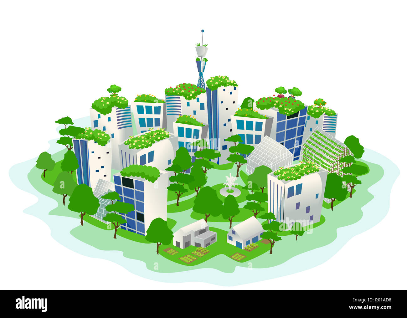 Abbildung eines grünen und nachhaltigen Stadt mit Bäumen, Gewächshäuser und Parks Stockfoto