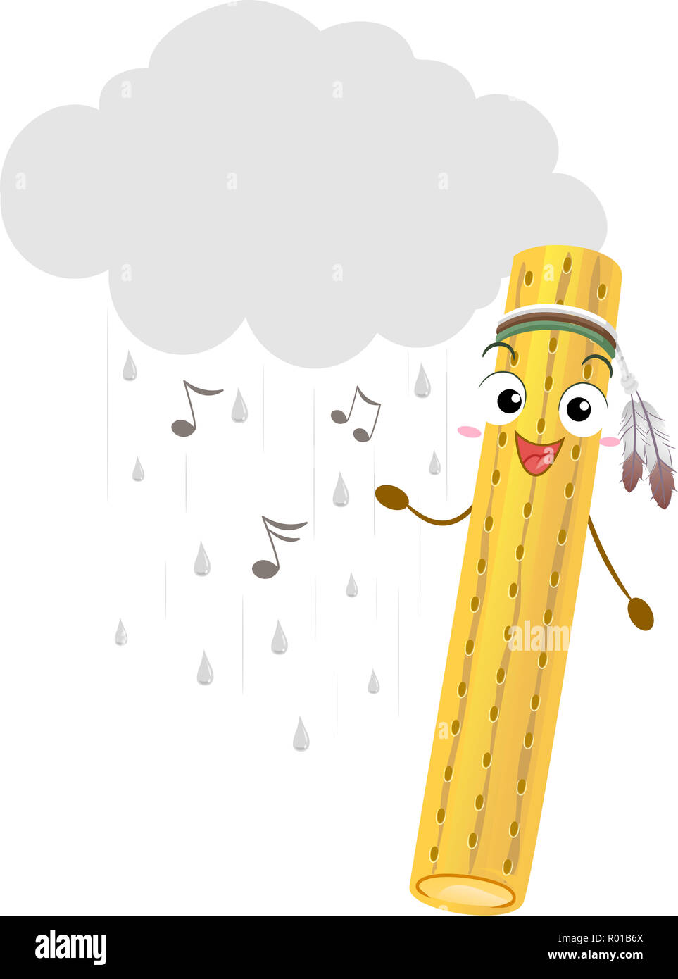 Abbildung: ein regenstab Maskottchen mit einer Wolke und Regen hinter mit Noten Stockfoto