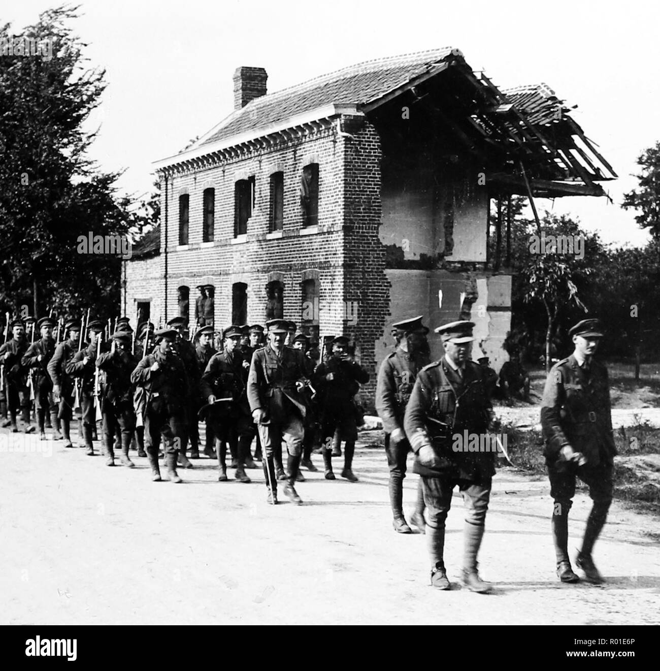 Britische Truppen an der "Puppen Haus', Brassee Straße während des Ersten Weltkriegs Stockfoto