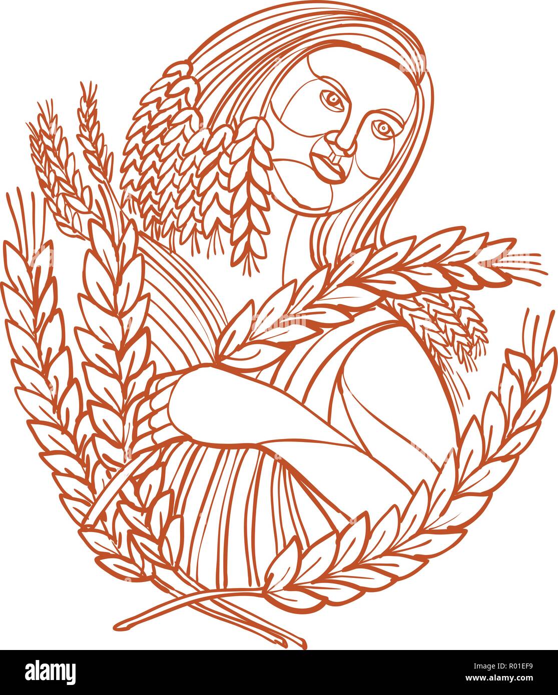 Mono line Abbildung: Frau Bauer oder Demeter, der Göttin der Ernte und leitet Körner und die Fruchtbarkeit der Erde, mit Stiel Stock Vektor
