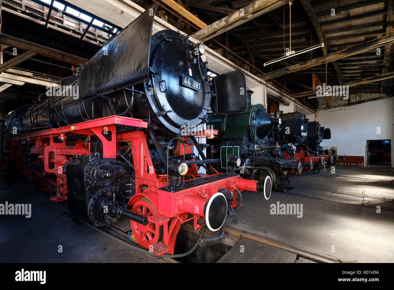 Dampflokomotiven im Lokschuppen, Bayerisches Eisenbahnmuseum, Nördlingen, Landkreis Donau-Ries, Schwaben, Bayern, Deutschland Stockfoto