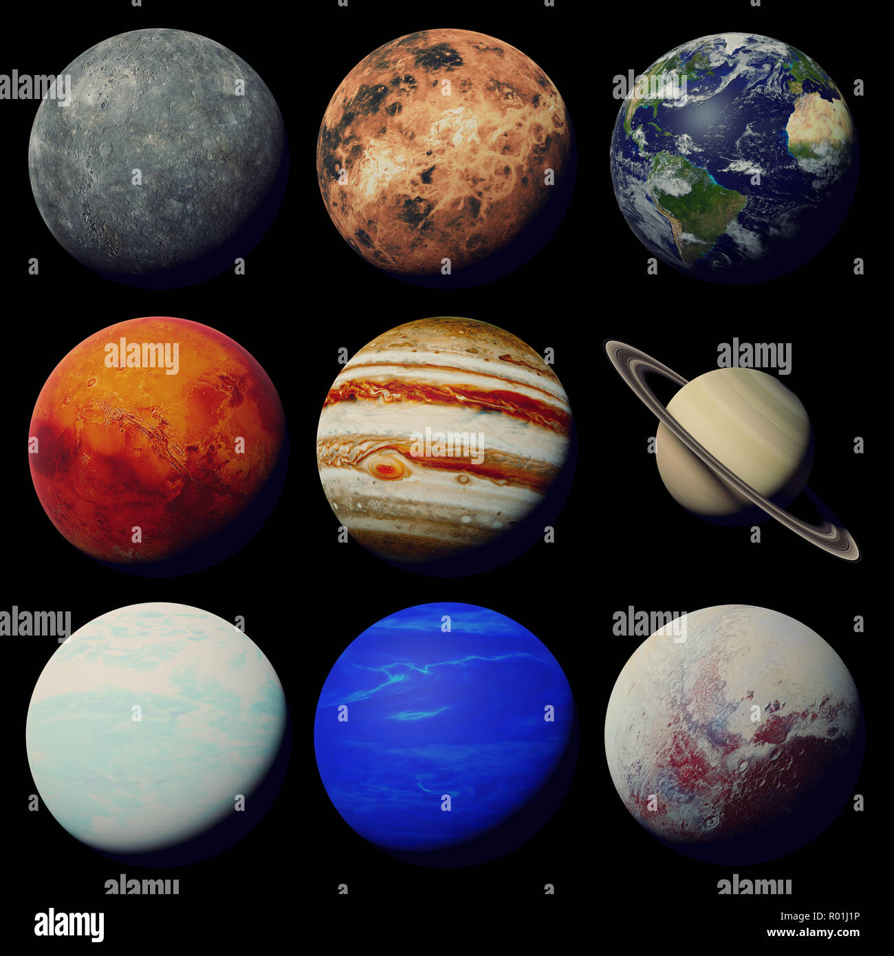 Die Planeten des Sonnensystems auf schwarzem Hintergrund Stockfoto