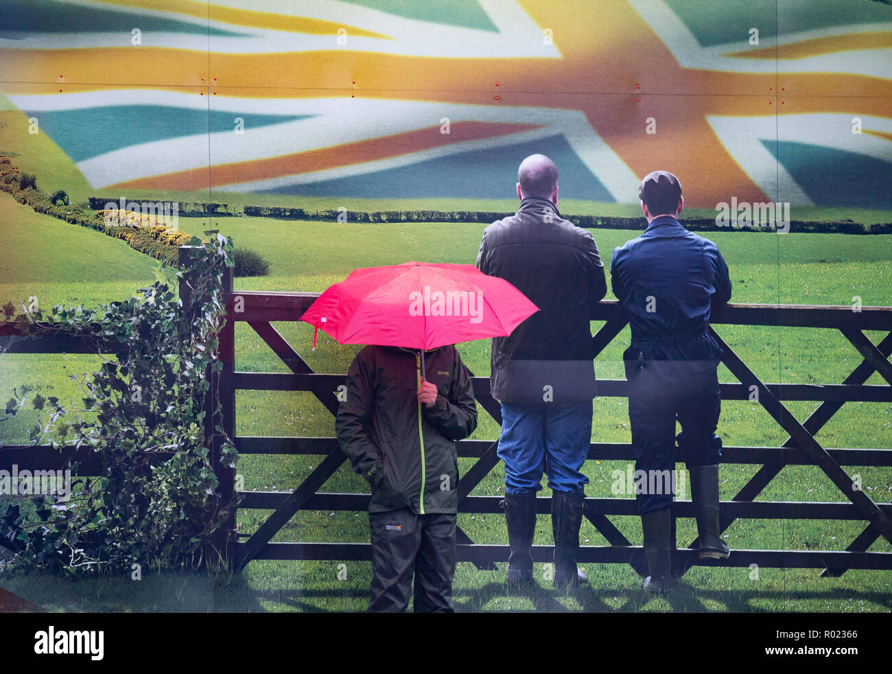 Billingham, North East England, Vereinigtes Königreich. 1 Nov, 2018. Wetter: Ein Mann steht außerhalb ein Aldi Store als Band der frühen Morgen regen langsam löscht Billingham in Nordost-england. Credit: ALAN DAWSON/Alamy leben Nachrichten Stockfoto