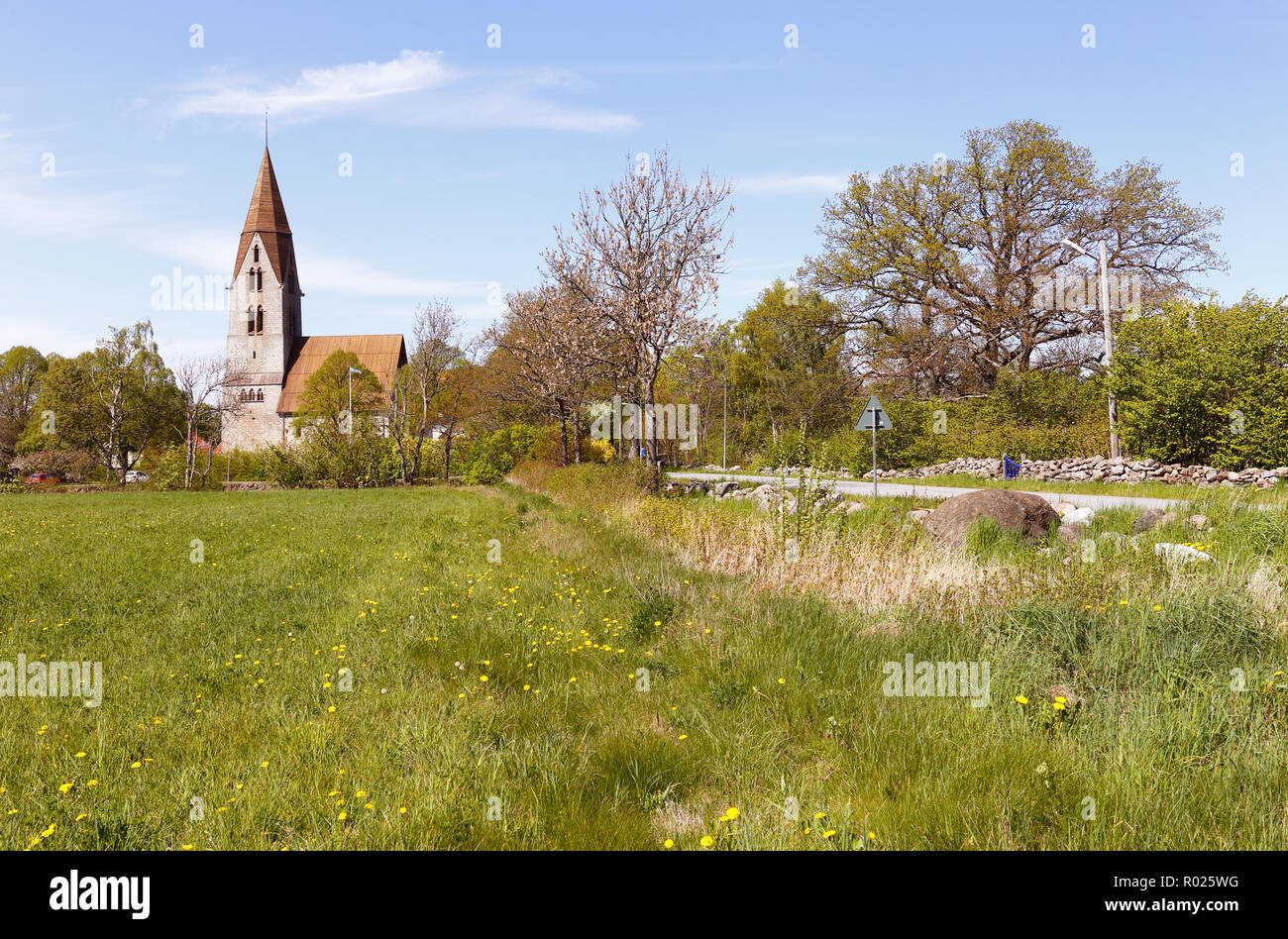 Blick auf ein Feld vor der mittelalterlichen Oja Kirche in der schwedischen Provinz Gotland liegt. Stockfoto