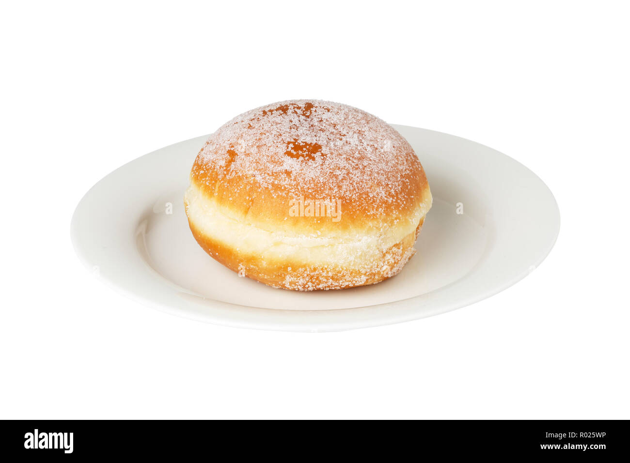 Eine vanlilla Berliner Krapfen auf einem Schild auf weißem Hintergrund. Stockfoto