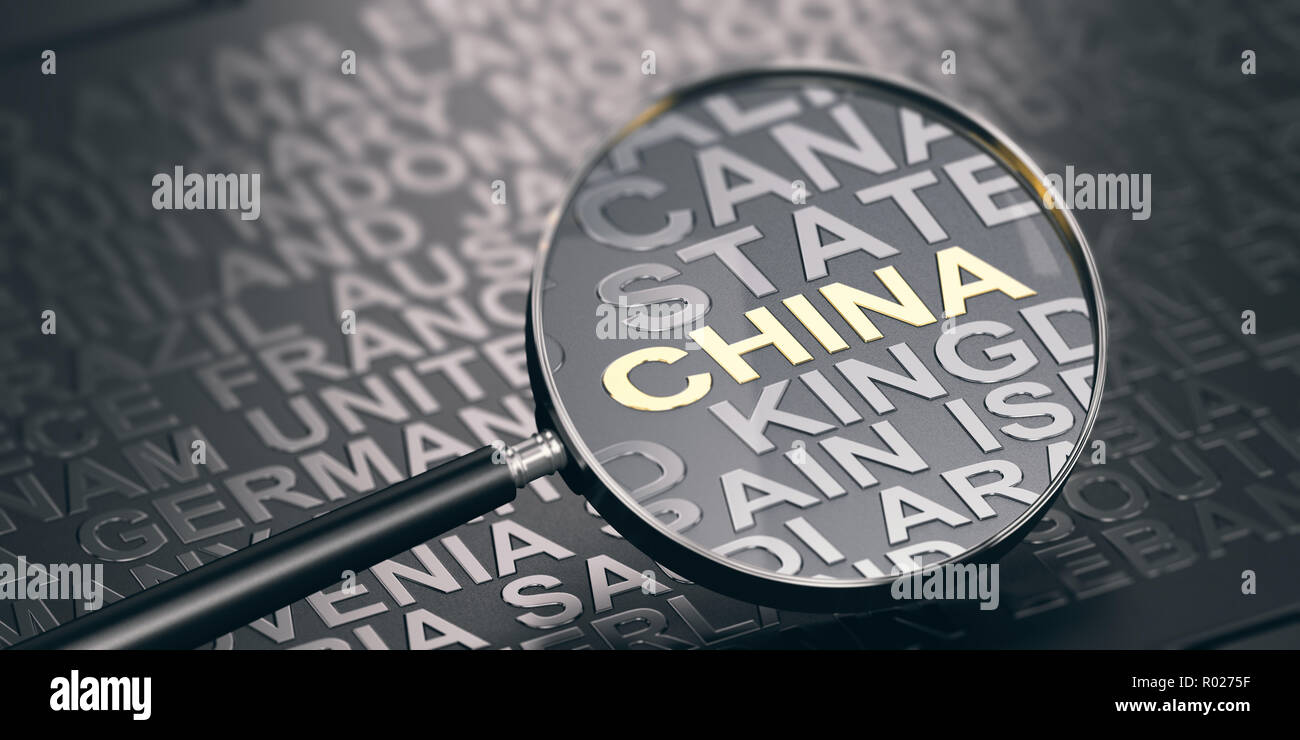 3D-Darstellung einer Lupe auf schwarzem Hintergrund und Fokus auf China. Emerging Markets Konzept. Stockfoto