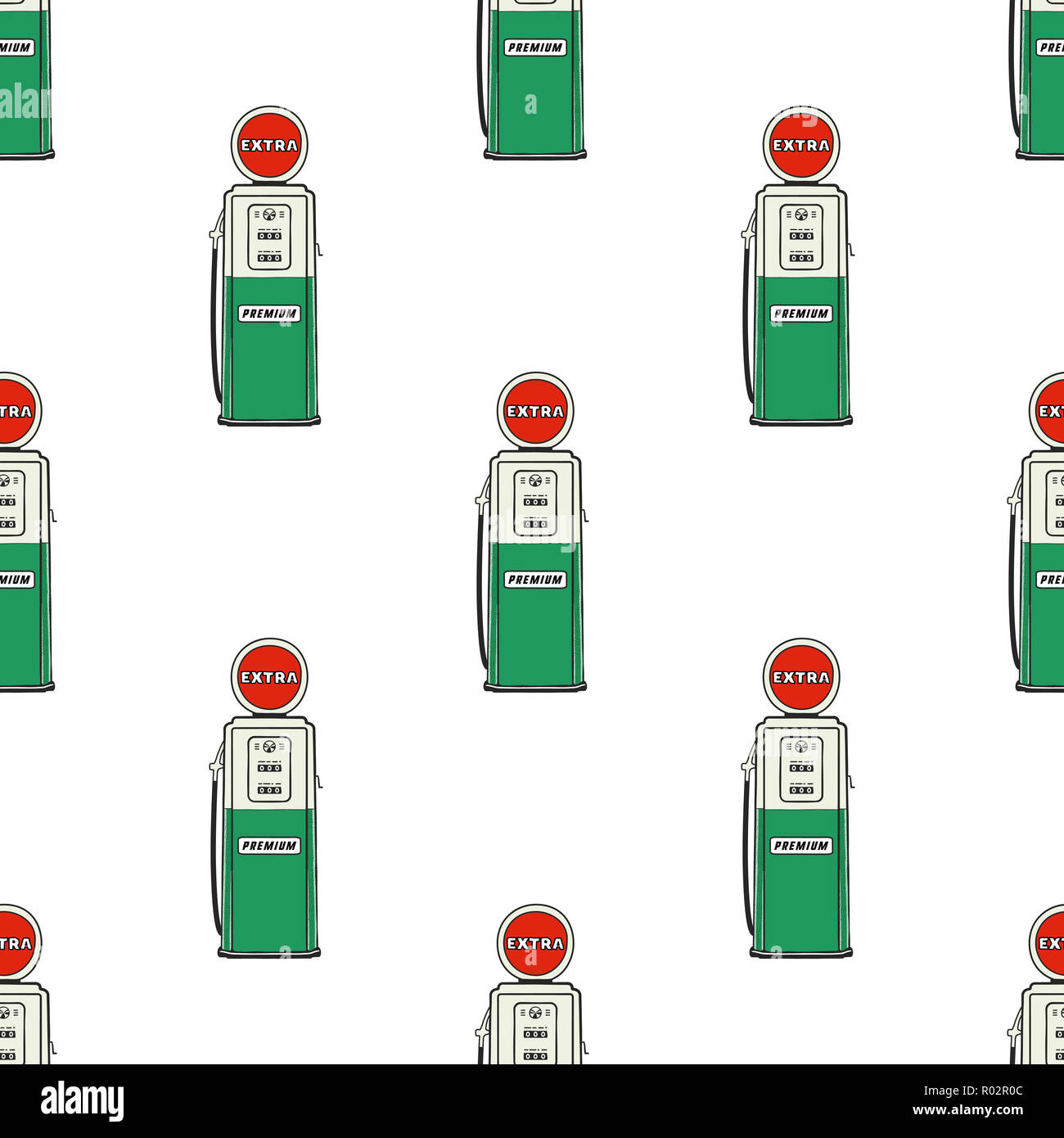 Tankstelle Pumpe nahtloses Design. Jahrgang Hand gezeichnet Öl station Muster. Lager auf weißem Hintergrund isoliert Stockfoto