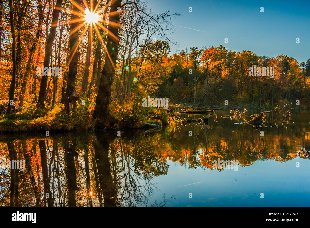 See im Herbst mit Sonne und blauen Himmel Stockfoto