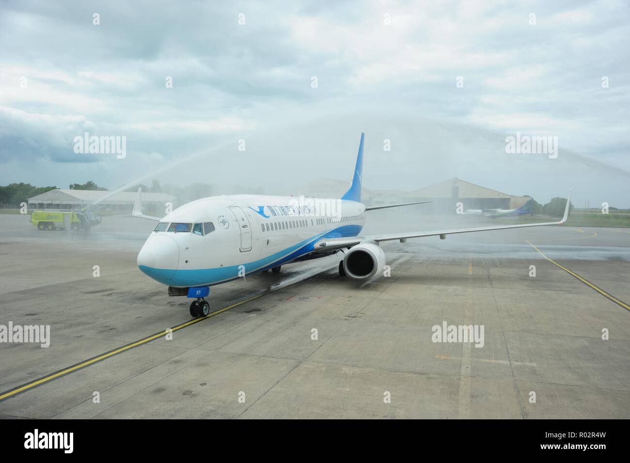 KOTA KINABALU 16 JANUAR 2018. Pesawat Xiamen Airlines dari Peking mendarat buat Kali pertama di Lapangan terbang antarabangsa Kota Kinabalu. STR/LANO Stockfoto