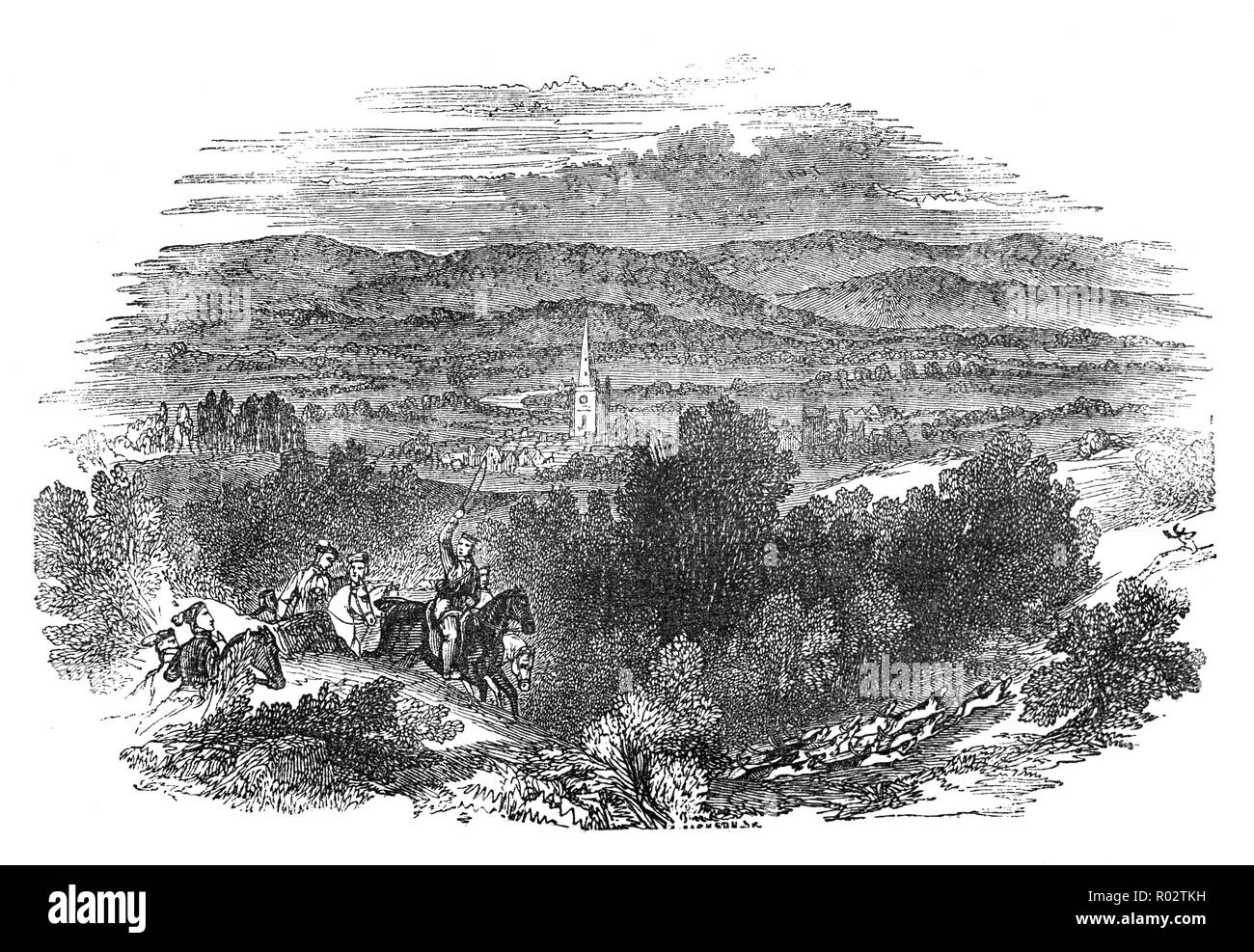 Eine mittelalterliche Hirsch Jagd nach einem hart, das Männchen des Rotwildes. Die hart war durch die Anzahl der Zinken, oder Punkte auf seinem Geweih klassifiziert. Ein Tier sollte mindestens zehn Zinken als würdig Jagd unter Par force de Chiens (durch die Kraft der Hunde"). In diesem Prozess das Spiel war heruntergekommen und durch die Hunde erschöpft vor dem Töten gemacht wurde. Parforcejagd bestand aus acht Teilen: die Suche, die Montage, die Relais, die sich bewegende oder un-beherbergen, die Verfolgung, die schon wieder, die unmaking und der curée. England. Stockfoto