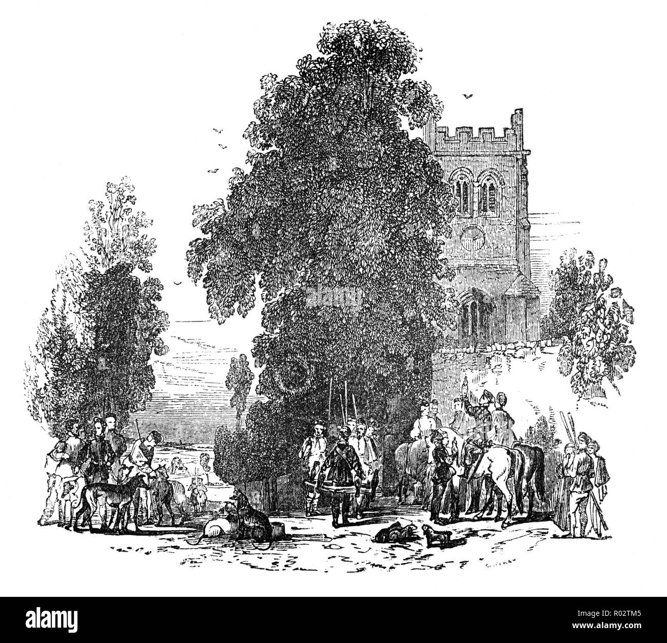 Eine mittelalterliche Hirsch Jagd nach einem hart, das Männchen des Rotwildes. Die hart war durch die Anzahl der Zinken, oder Punkte auf seinem Geweih klassifiziert und benötigt mindestens 10 Zinken betrachtet zu werden verdient Jagd unter Par force de Chiens (' durch die Kraft der Hunde"). In diesem Prozess werden die hart war heruntergekommen und durch die Hunde erschöpft vor dem Töten. Englisch Parforcejagd bestand aus acht Teilen: die Suche, die Montage, die Relais, die sich bewegende oder un-beherbergen, die Verfolgung, die schon wieder, die unmaking und der curée. Stockfoto